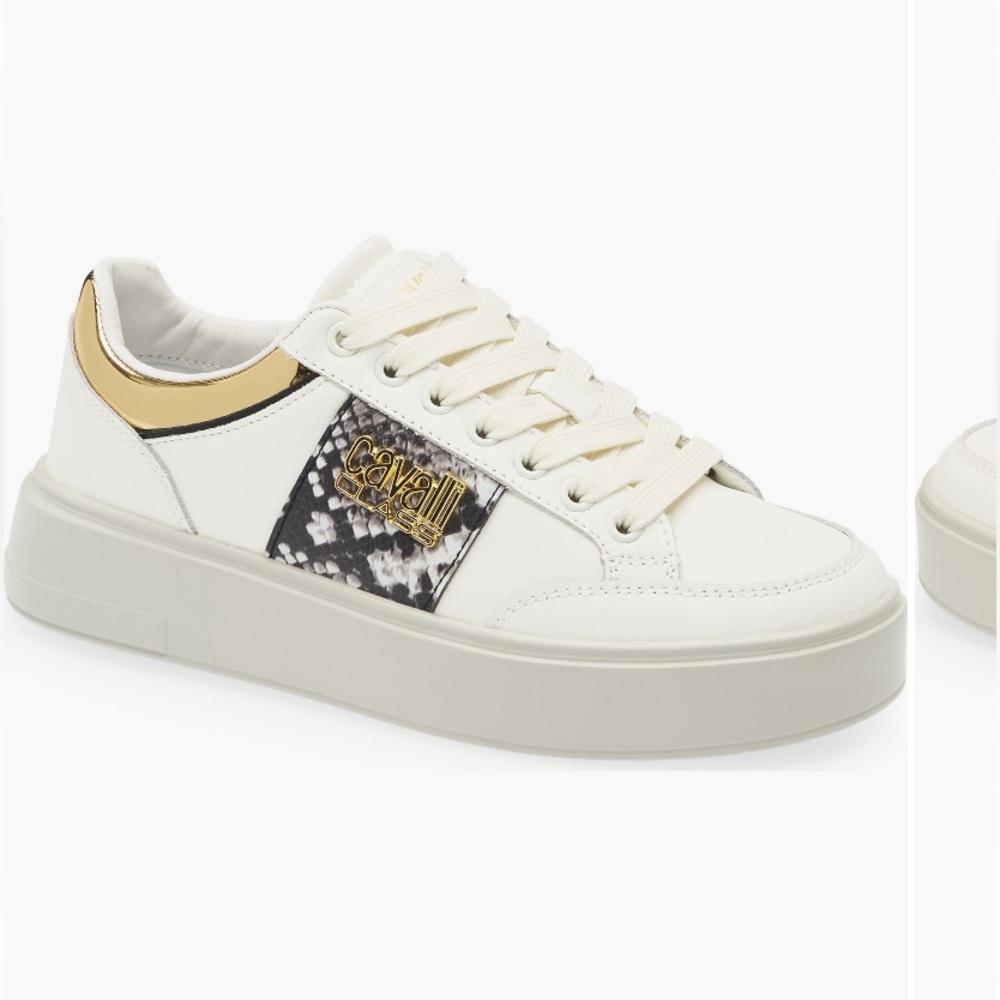 New Roberto Cavalli Designer Logo Low Top Sneaker Women's White Gold Sz 8 Casual
